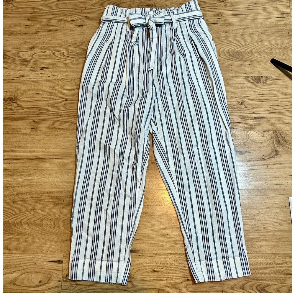 Madewell Striped Paperbag Pants Women 6 Blue White Linen Cotton High Rise Belted - Picture 2 of 12